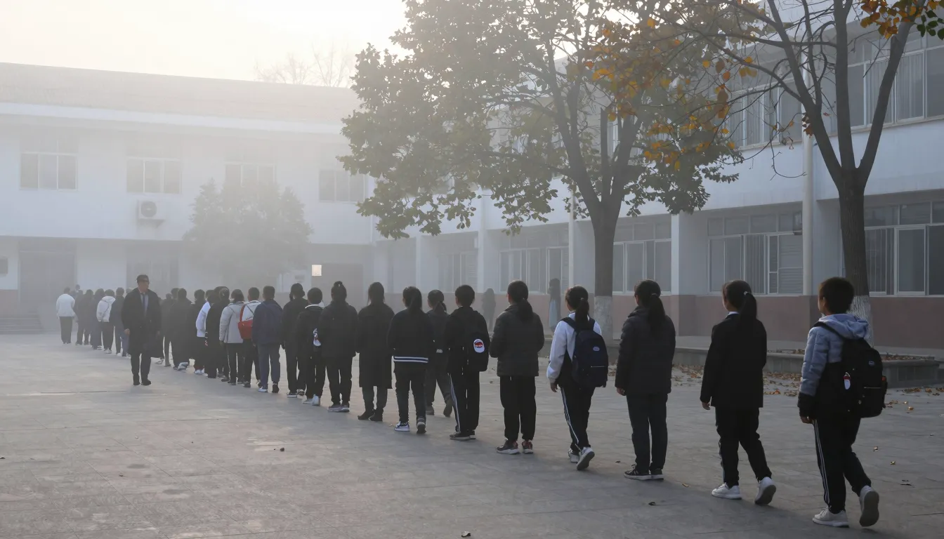 A wide shot of a school courtyard during a morning line-up, ...