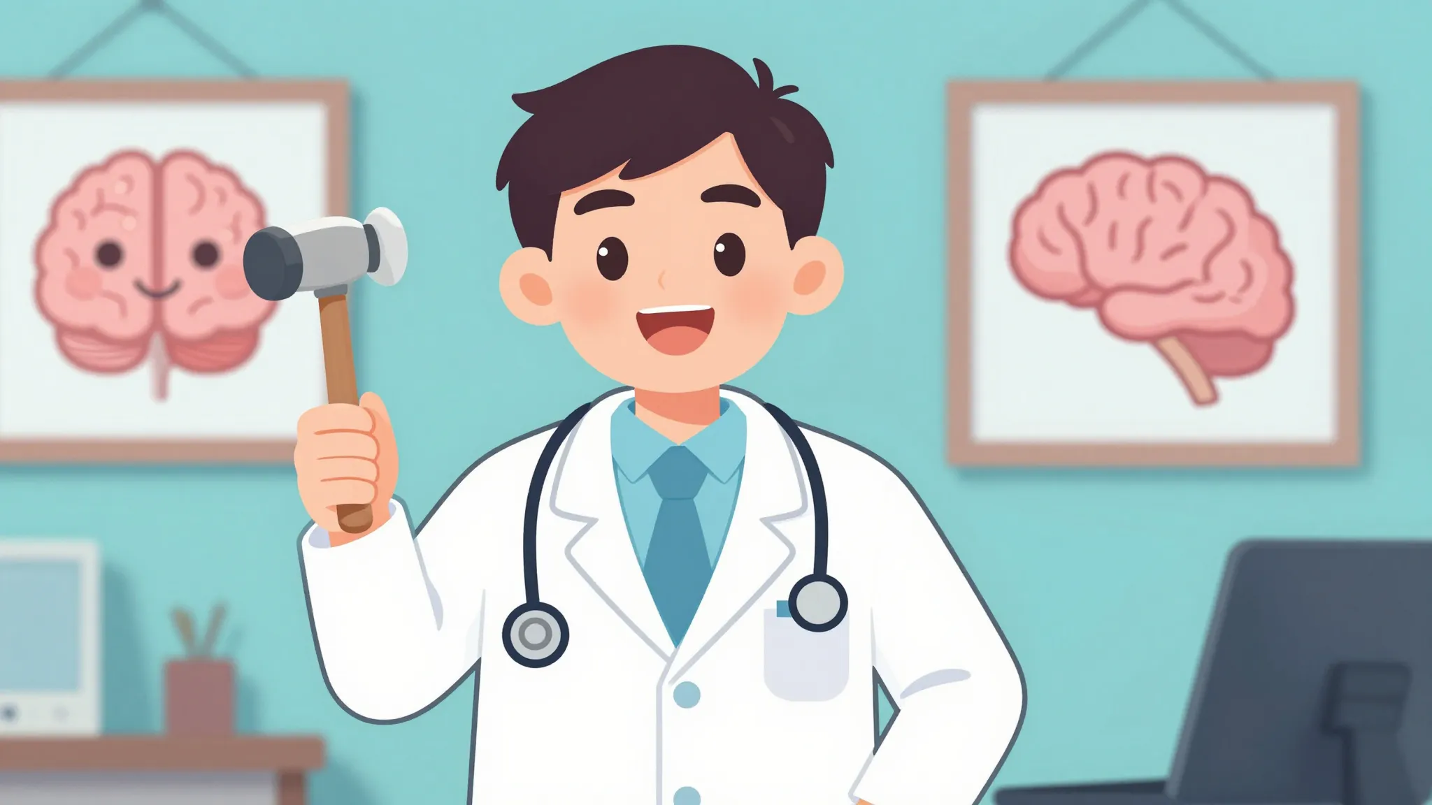 A friendly doctor holding a small neurological hammer, smili...