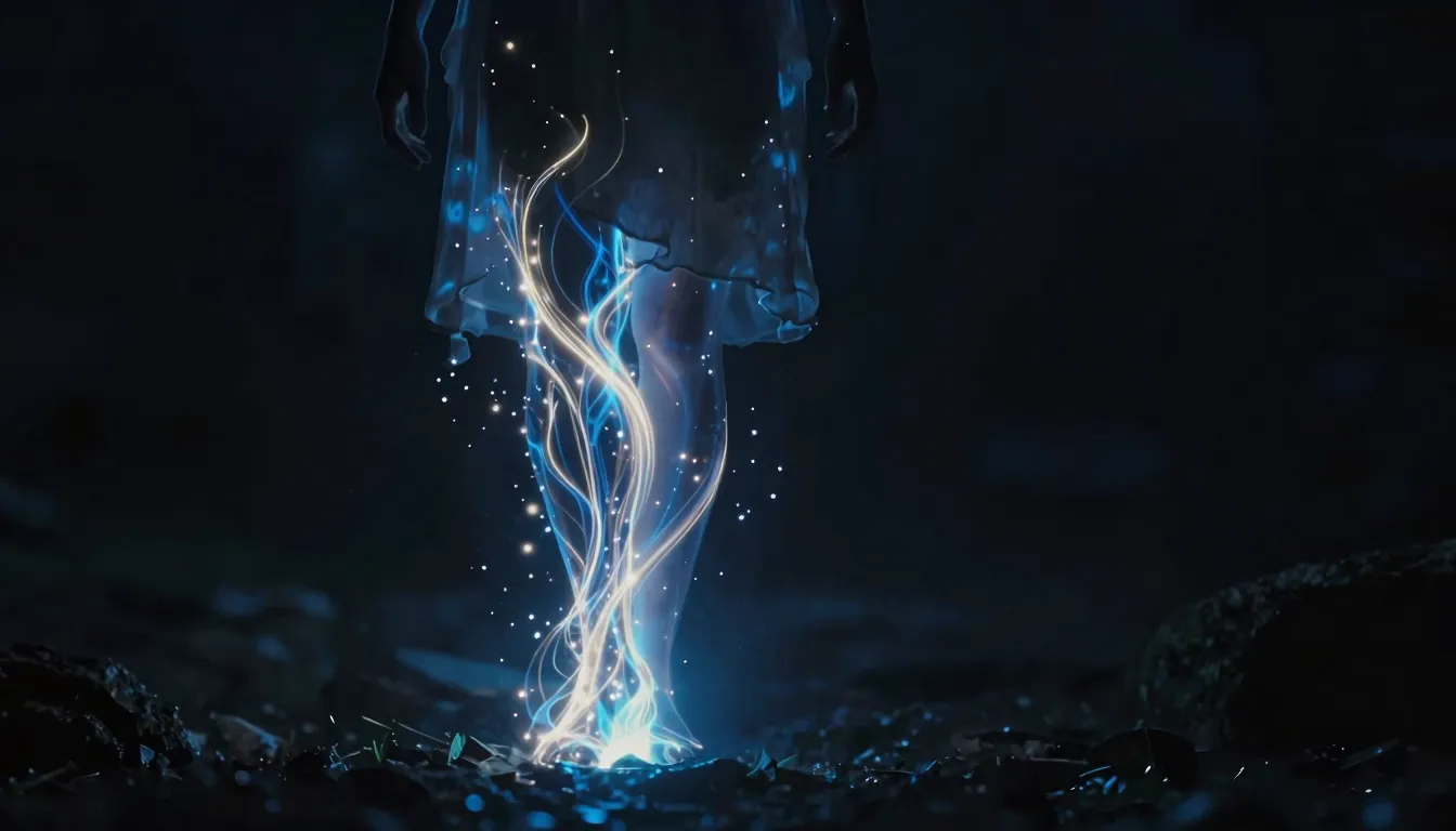 A silhouette of a person with glowing blue and silver energy...