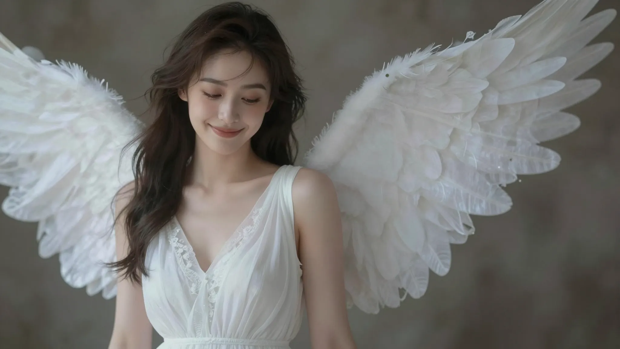 A beautiful woman in a white dress with an angelic face, mys...