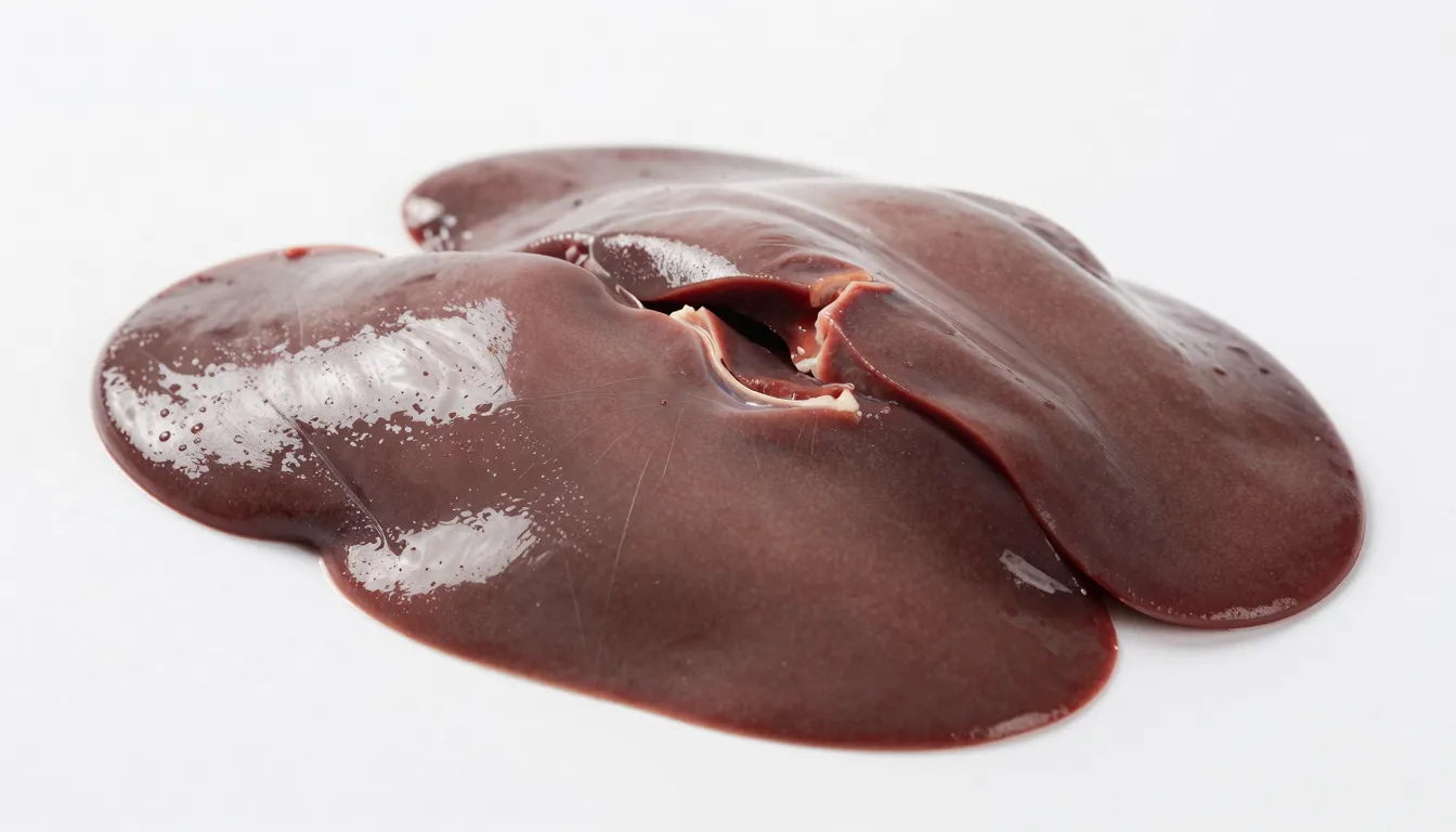 Professional food photography, raw beef liver slices on a cl...