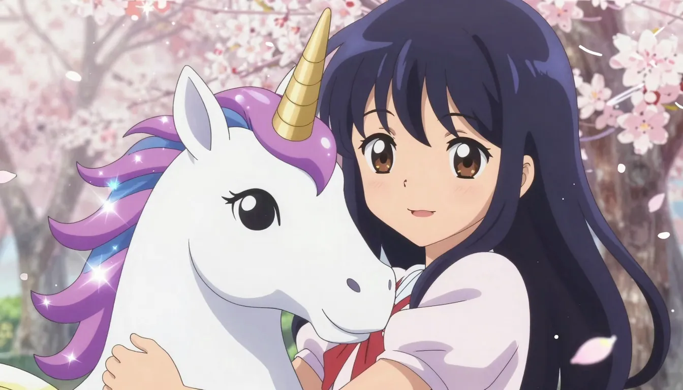 Close-up anime portrait of a character hugging a magical uni...