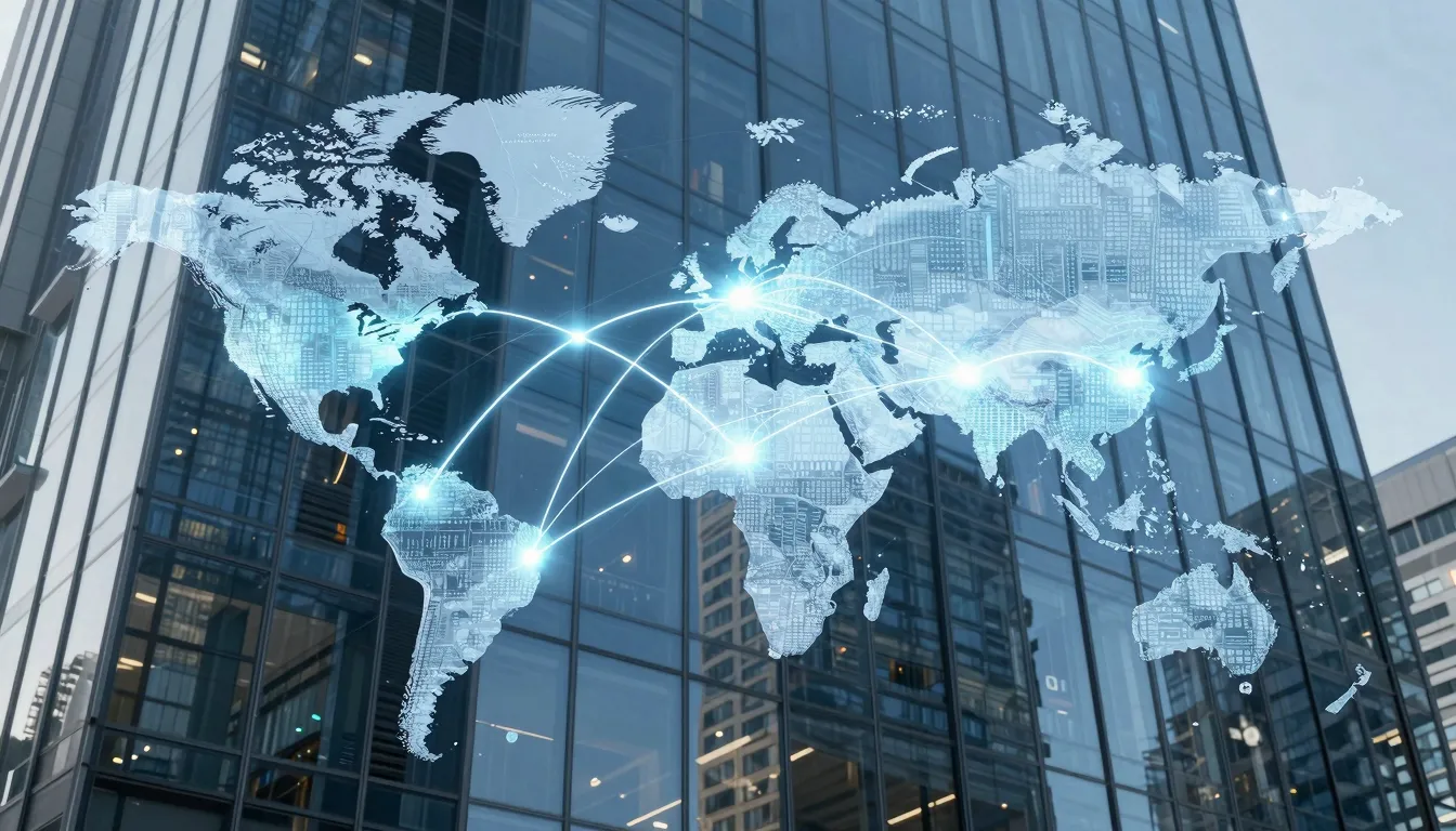 A modern glass bank building with a digital world map overla...