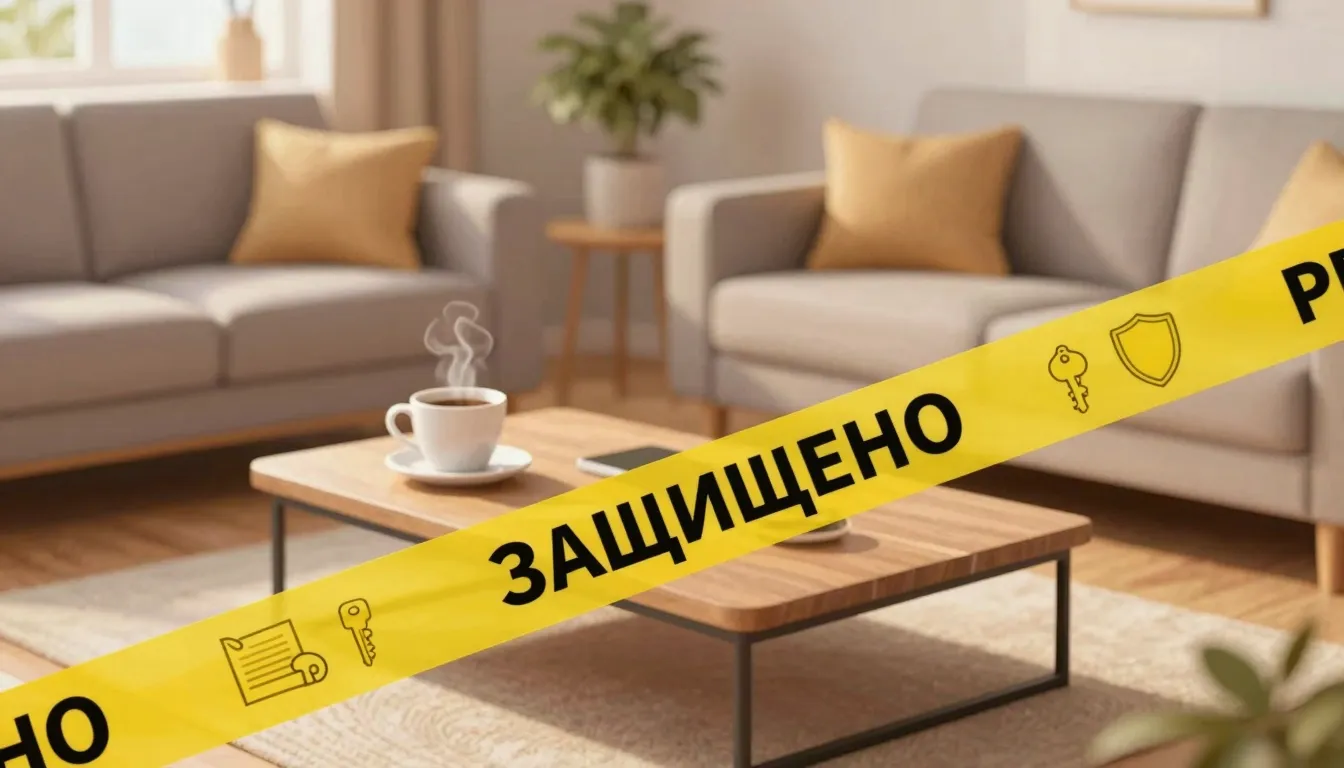 An illustration of a cozy, stylish living room with a warm, ...