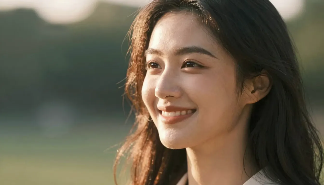 A close-up of a radiant woman smiling, soft golden hour ligh...
