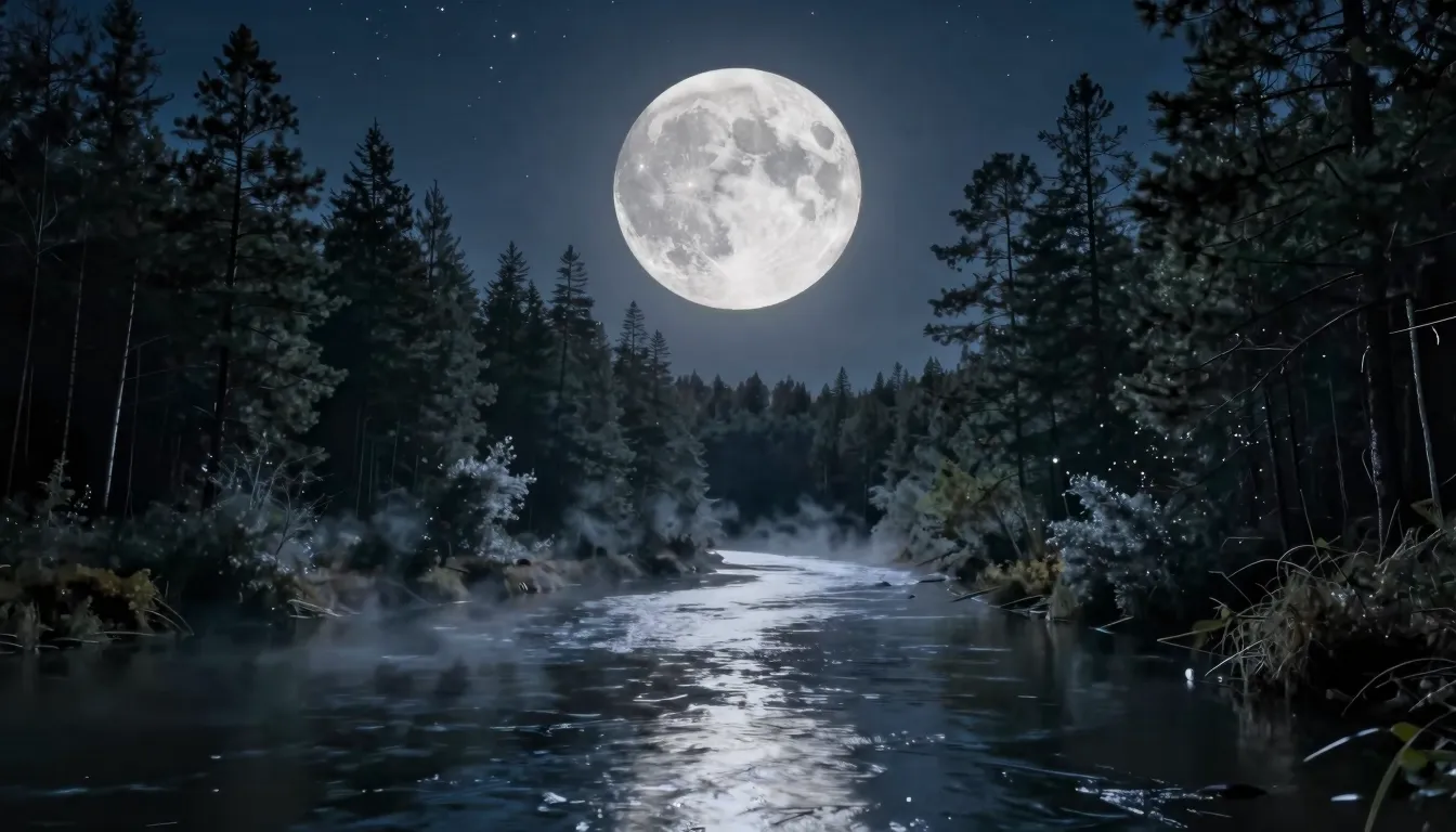 A majestic giant full moon hanging over a calm river reflect...
