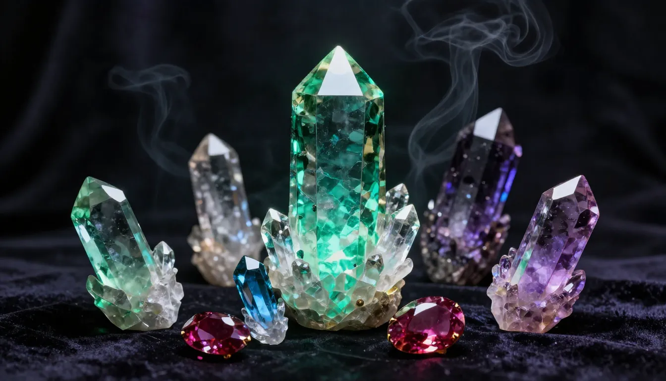 Vertical 9:16, a collection of various glowing magical cryst...