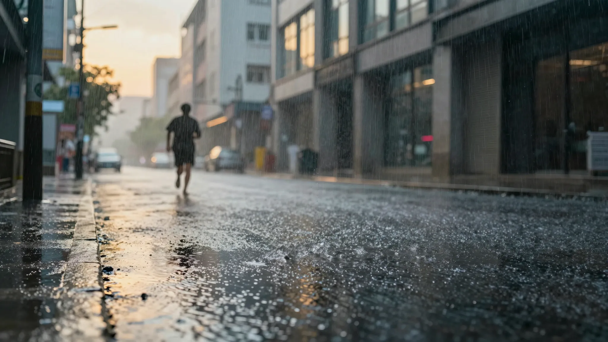 A realistic shot of a city street at the moment a summer sto...