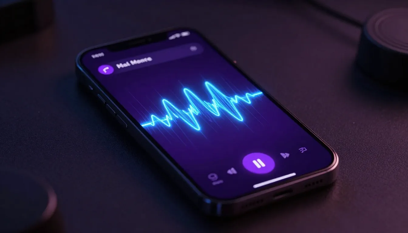 A futuristic music application interface on a smartphone scr...
