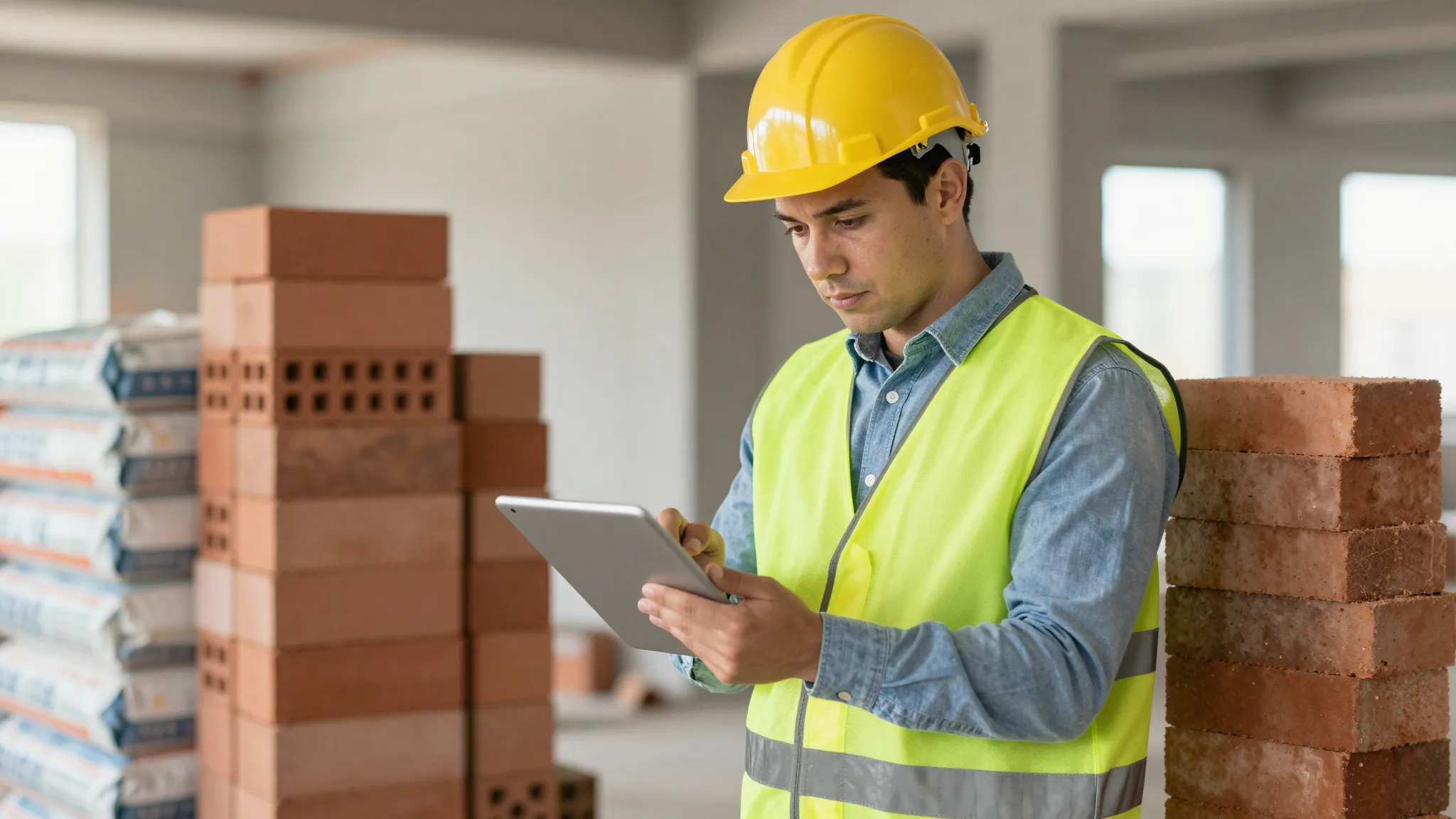 A professional construction project manager looking at a tab...