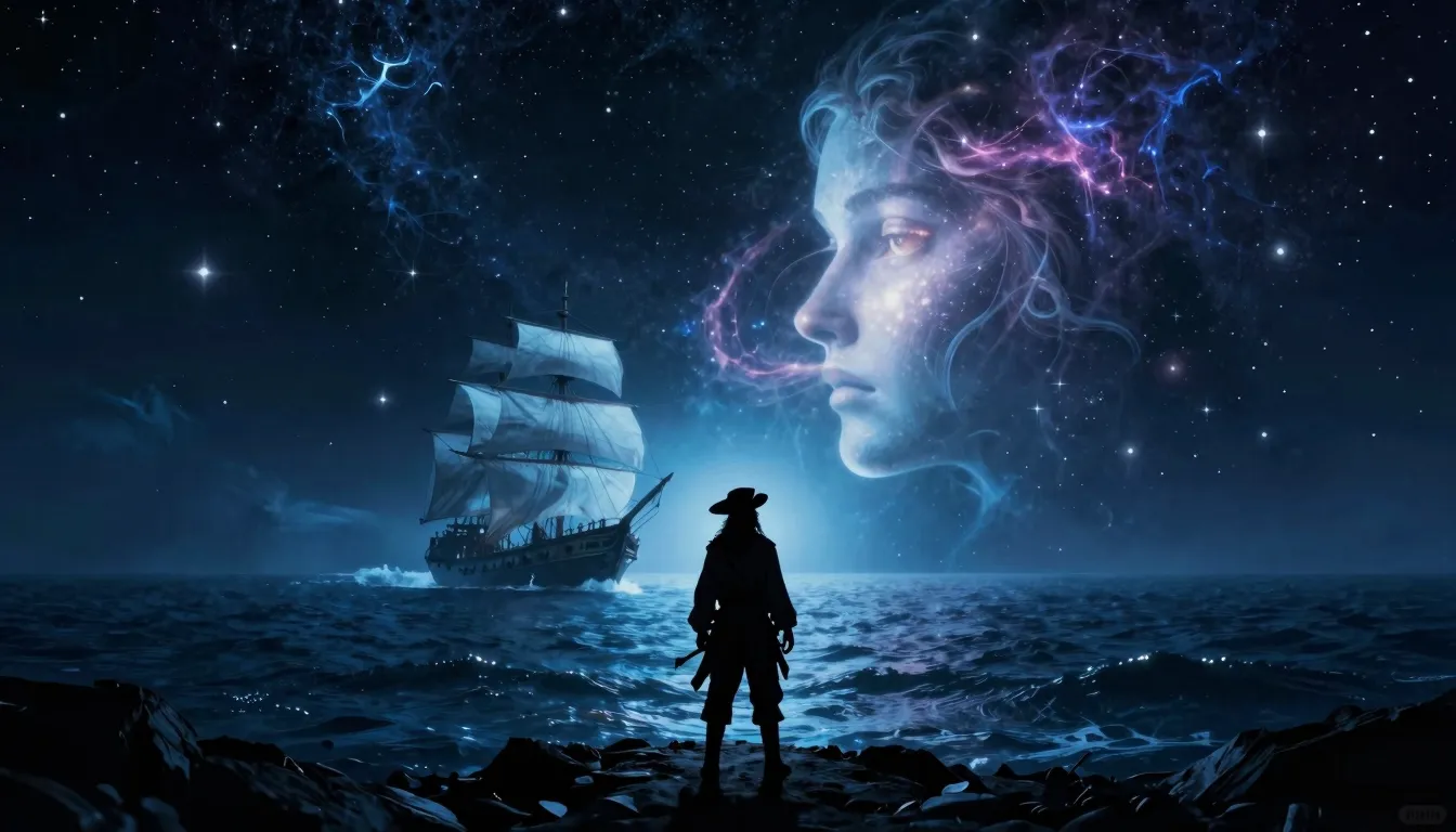 Double exposure art: a silhouette of a lonely pirate looking...