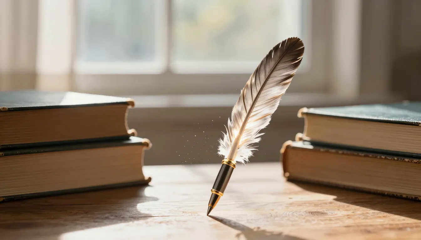 A magical glowing quill pen resting on a wooden desk next to...