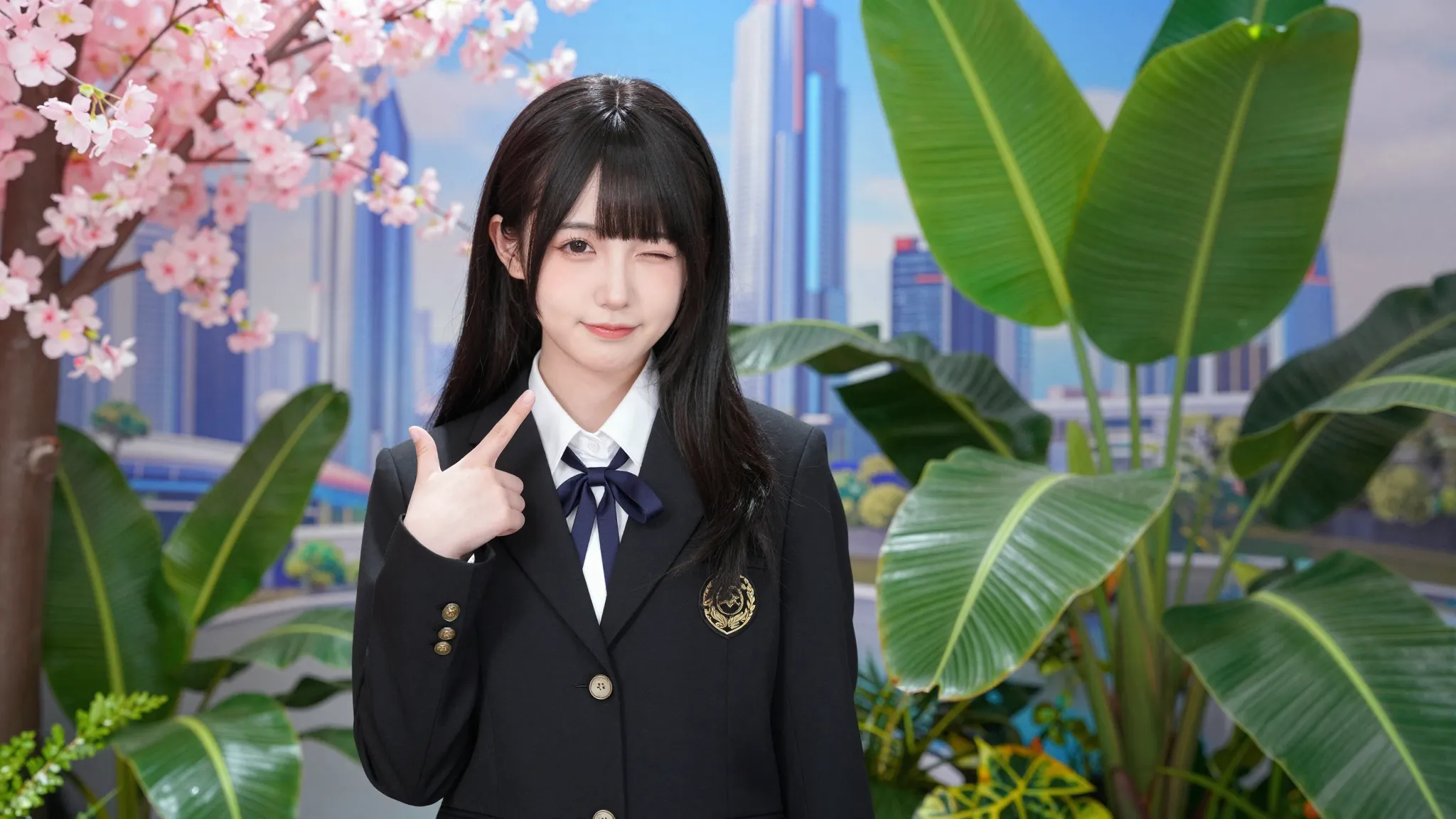A funny and cute portrait of a girl in a black blazer posing...