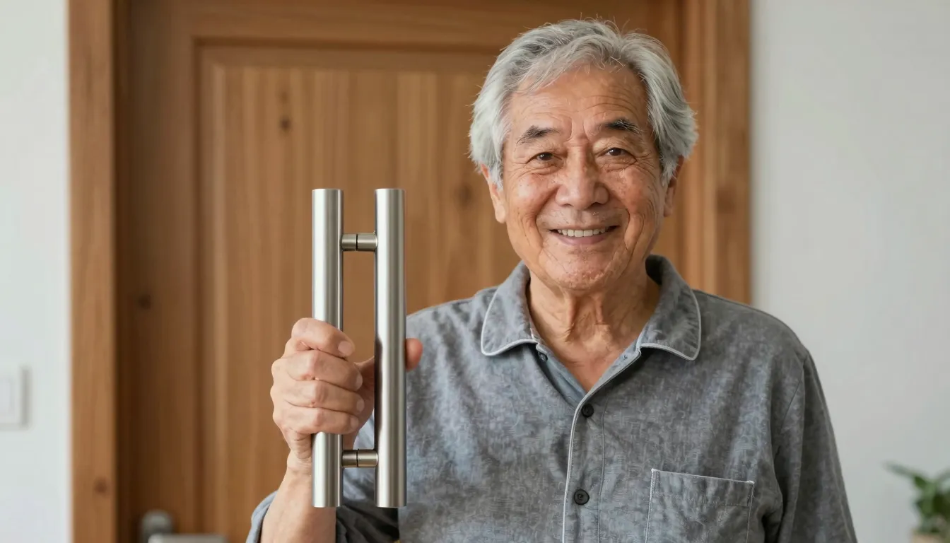 A realistic photo of a cheerful elderly man with grey hair a...