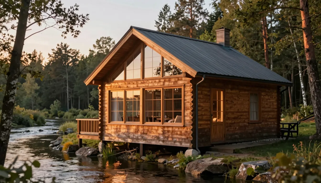 A cozy wooden house with large windows standing on the edge ...