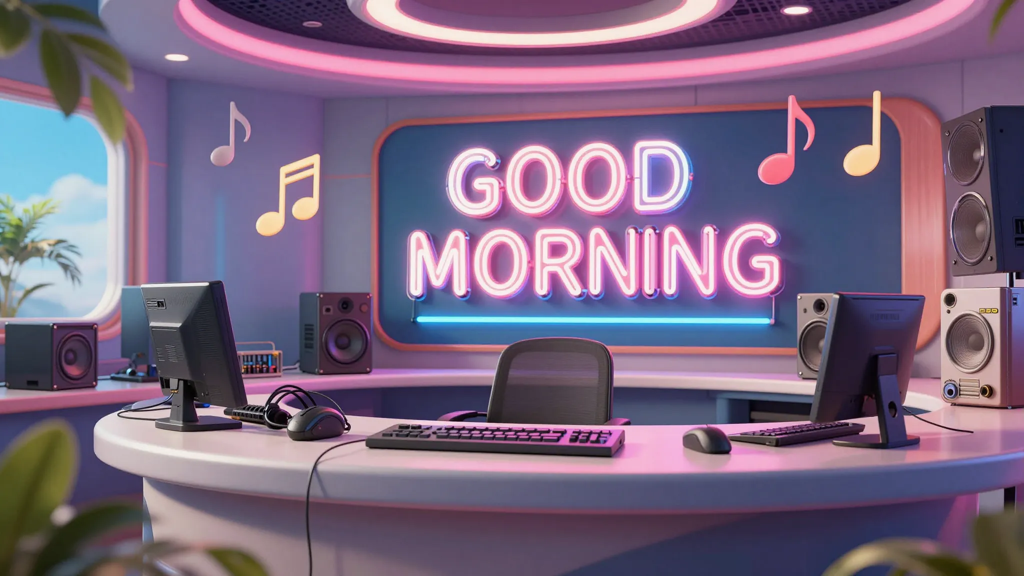 Digital art of a futuristic radio station studio, neon signs...