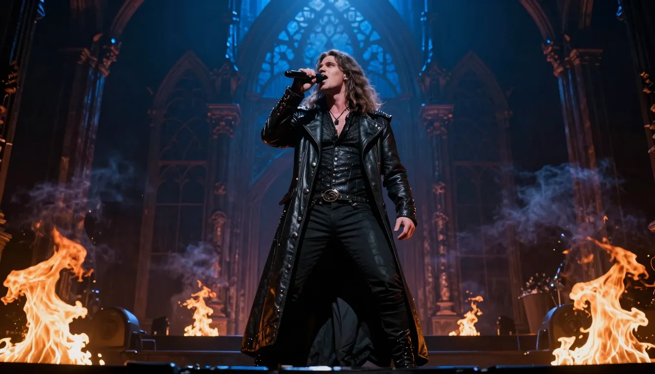 A powerful rock singer on a dark stage with gothic architect...