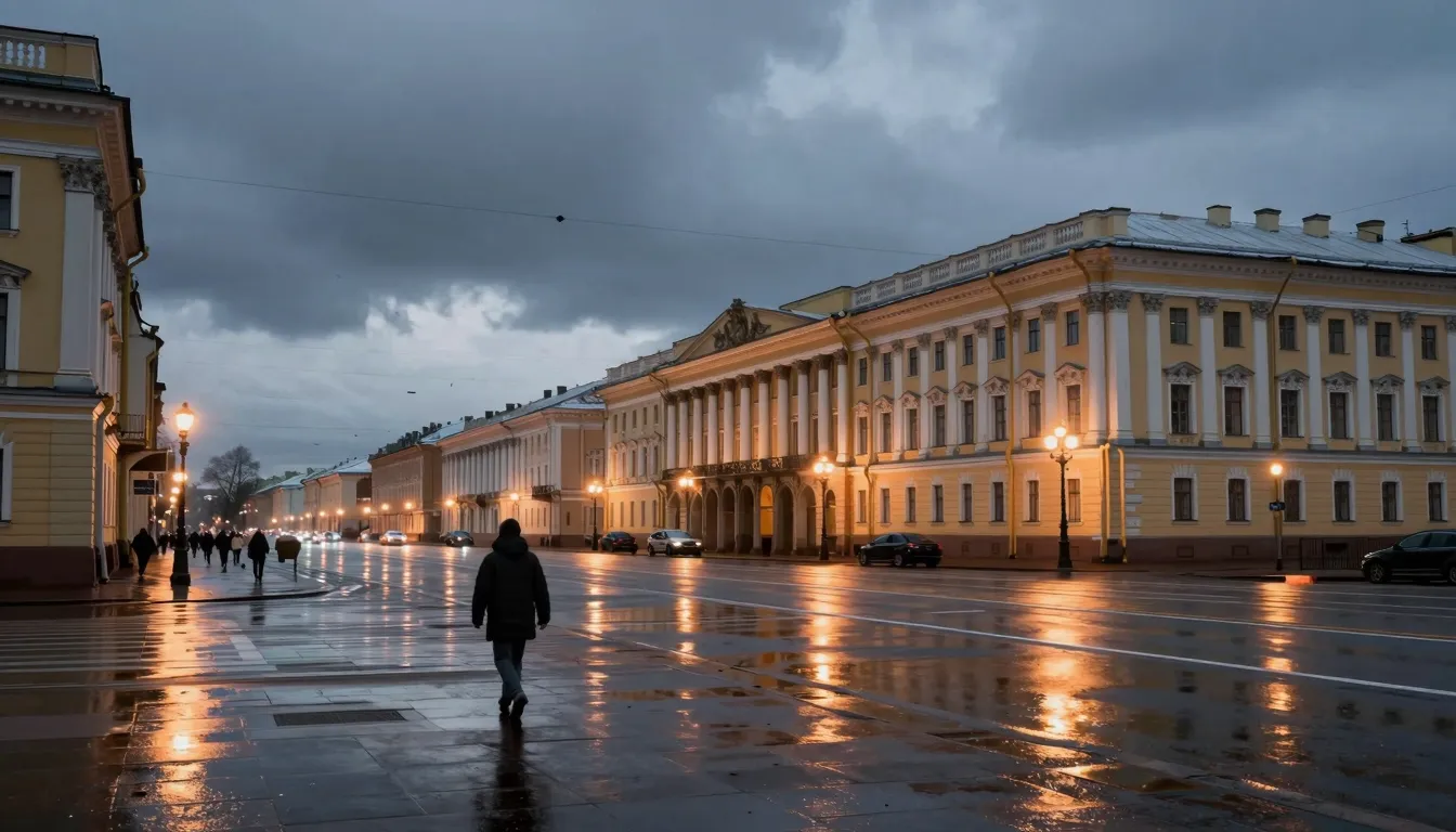 Cinematic view of Saint Petersburg in early spring, wet pave...