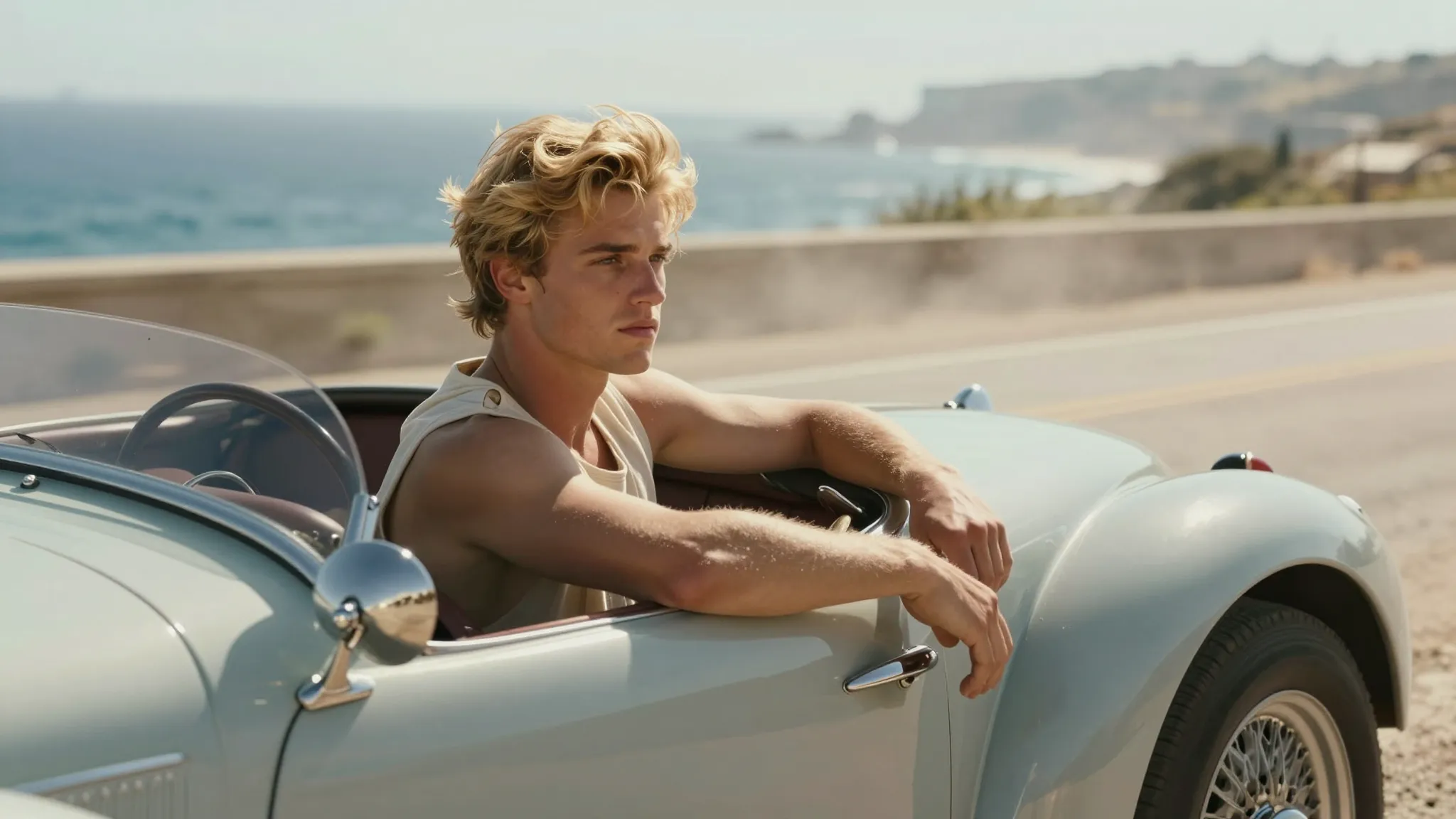 A handsome, golden-haired young man in a 1930s open-top spor...