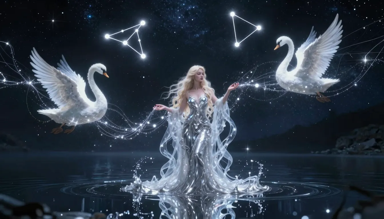 A breathtaking cinematic scene of a Moon Goddess with long w...