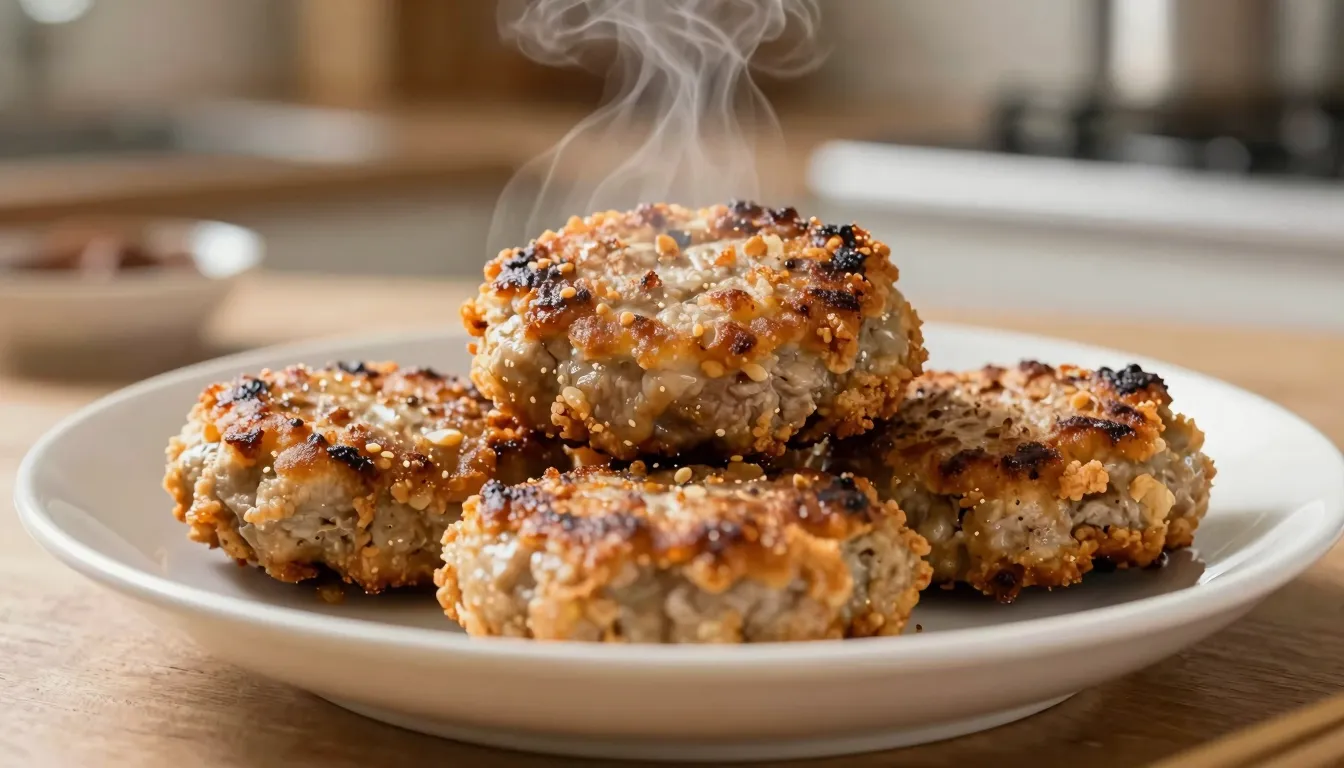 Close-up of delicious fried meat patties on a white ceramic ...