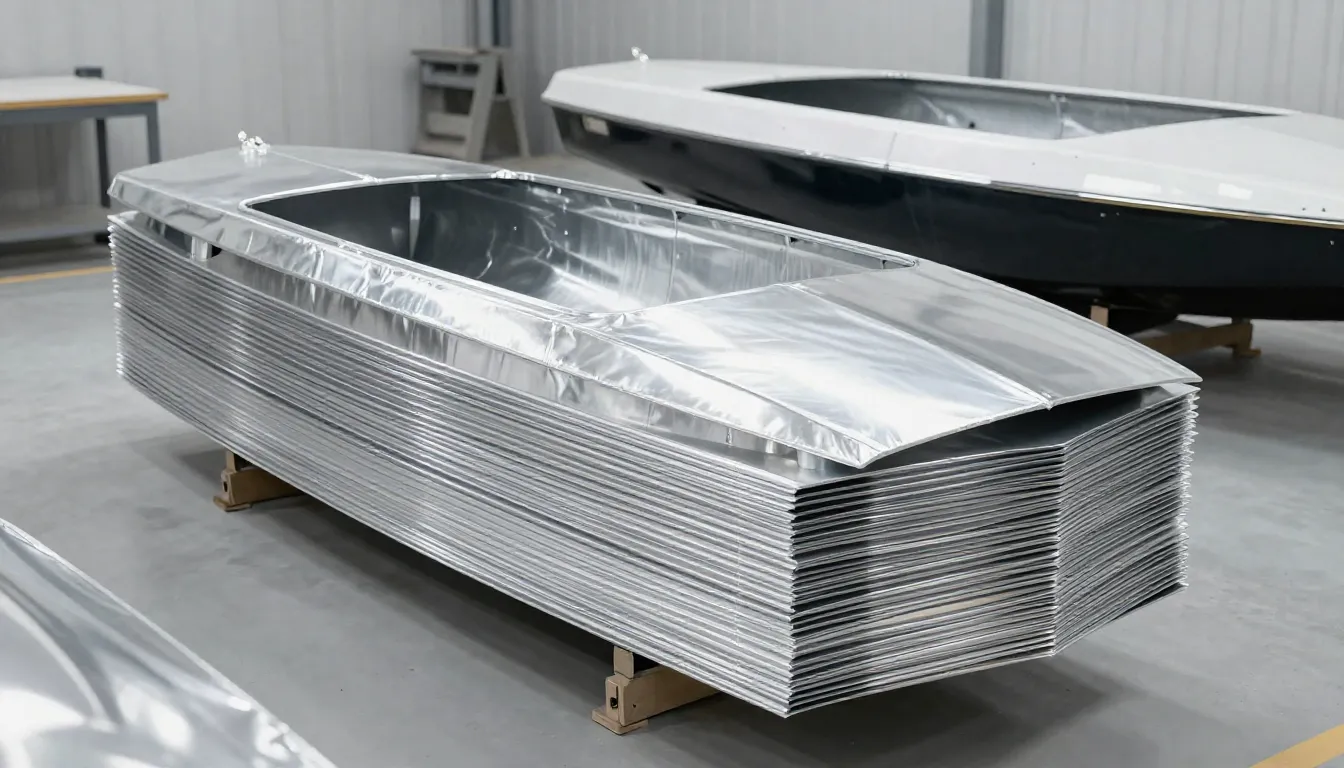 Stack of shiny aluminum sheets and pre-cut boat hull parts i...