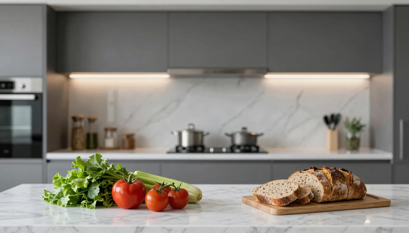 A modern minimalist kitchen with fresh vegetables and whole ...