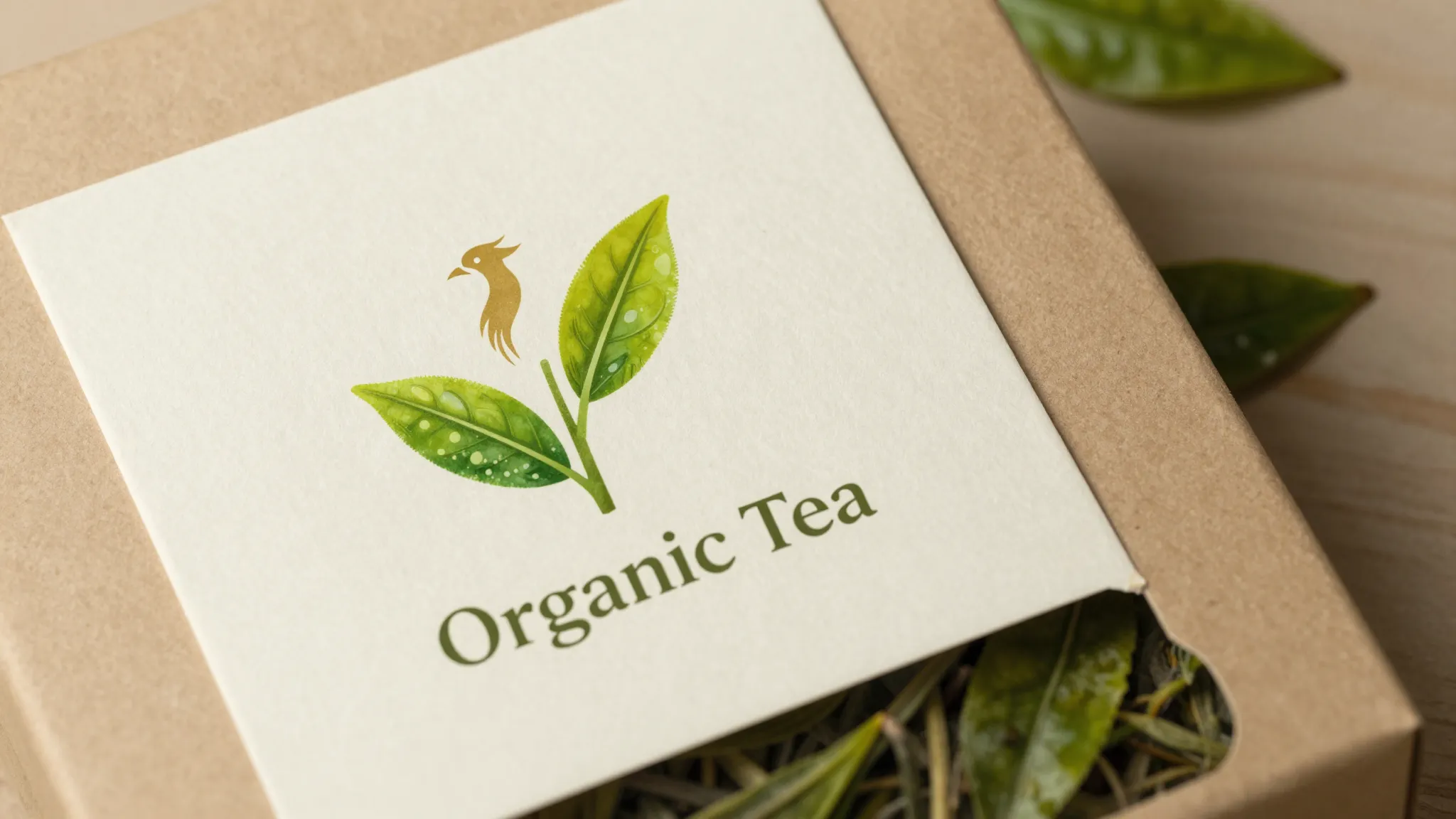 A high-end organic tea brand identity, logo featuring a fusi...
