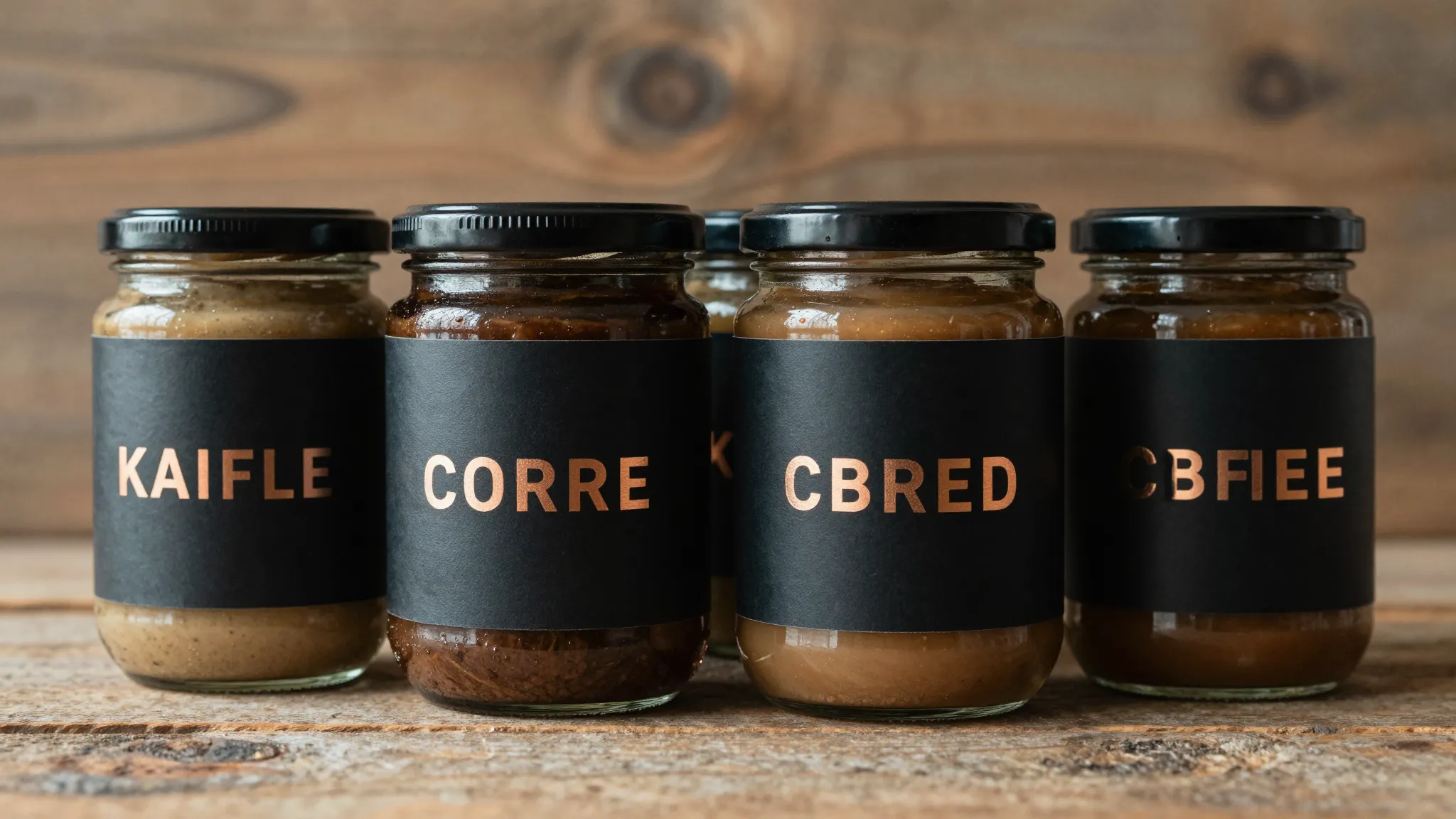 Modern rustic food packaging design, glass jars with dark ma...