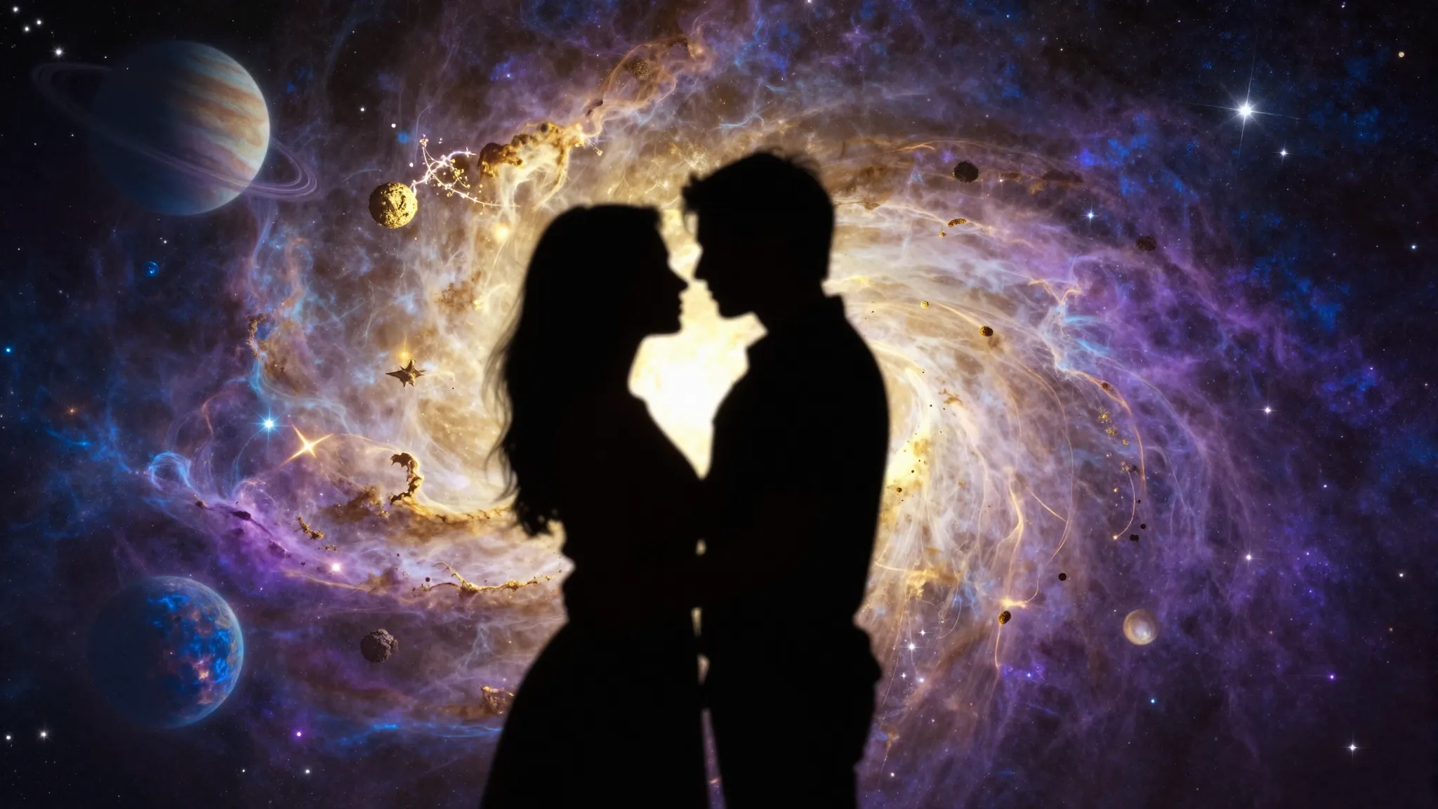 A romantic cosmic scene with two silhouettes of lovers again...