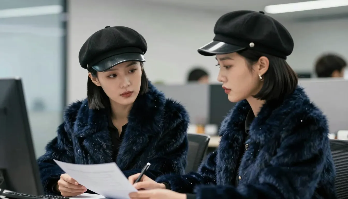 Side view of two Chinese women with sleek black bob haircuts...