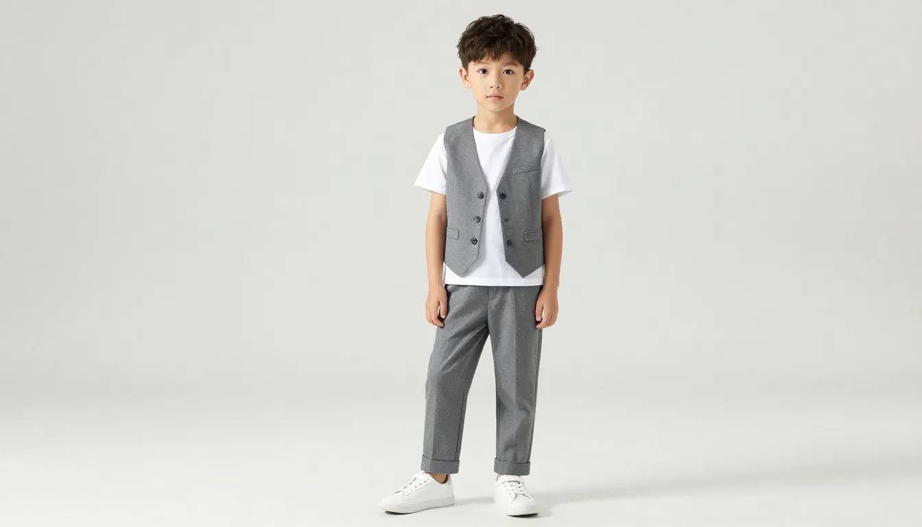 Full body shot of a stylish 7-year-old boy with a modern hai...