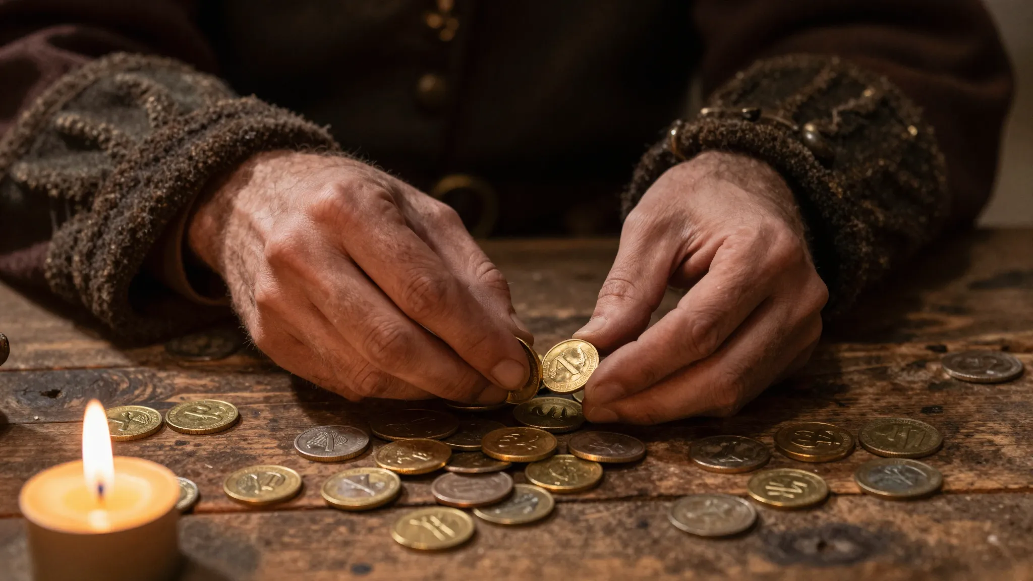 Close-up of a medieval tax collector's hands counting gold c...