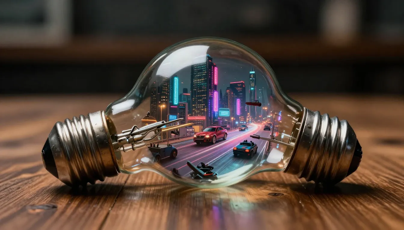 A giant vintage light bulb on a wooden table, inside the bul...