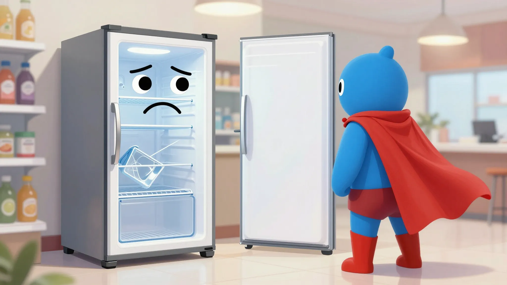 A humorous illustration of a broken old refrigerator with a ...