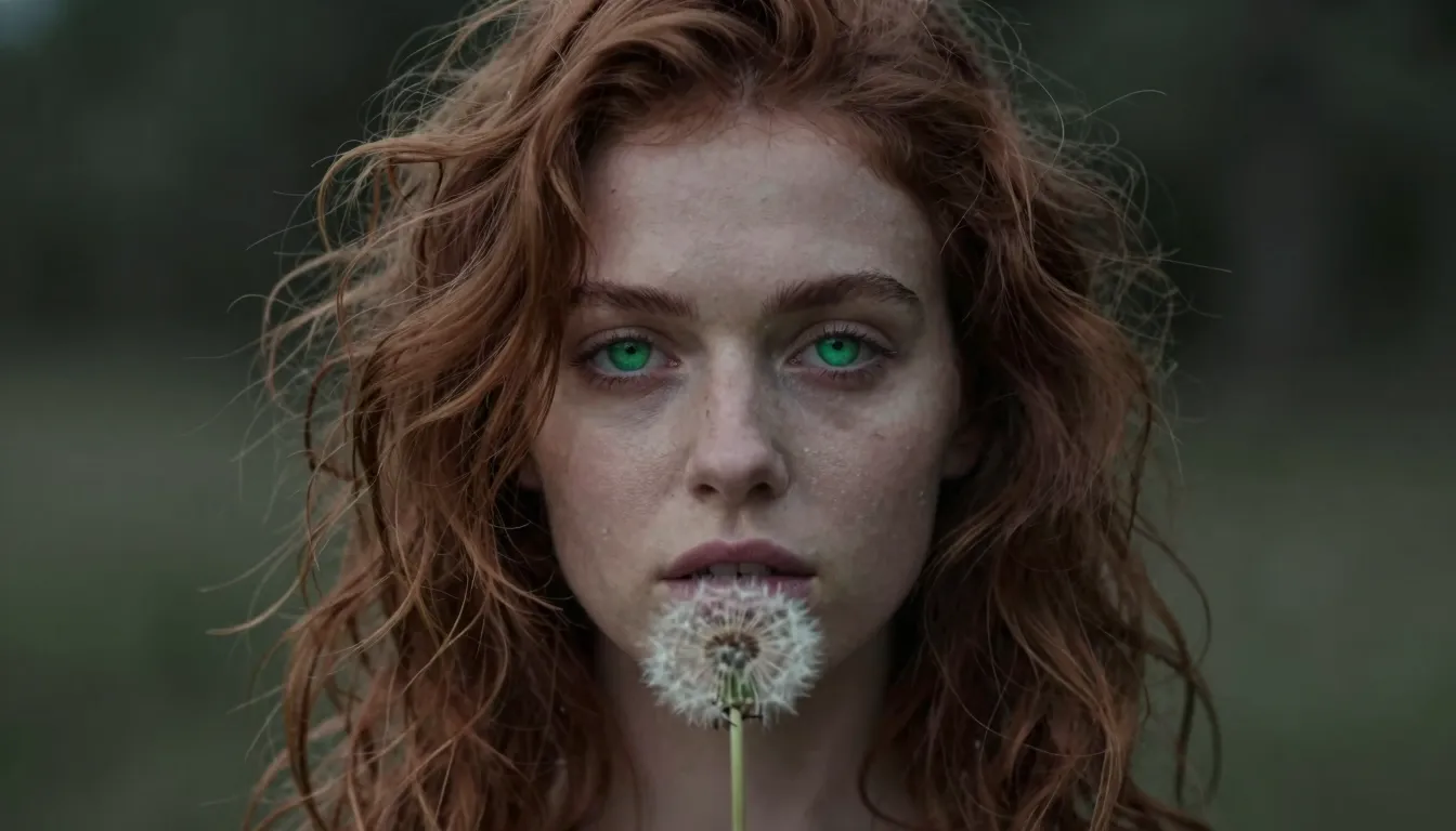 Close-up of a beautiful woman with messy auburn curls, emera...