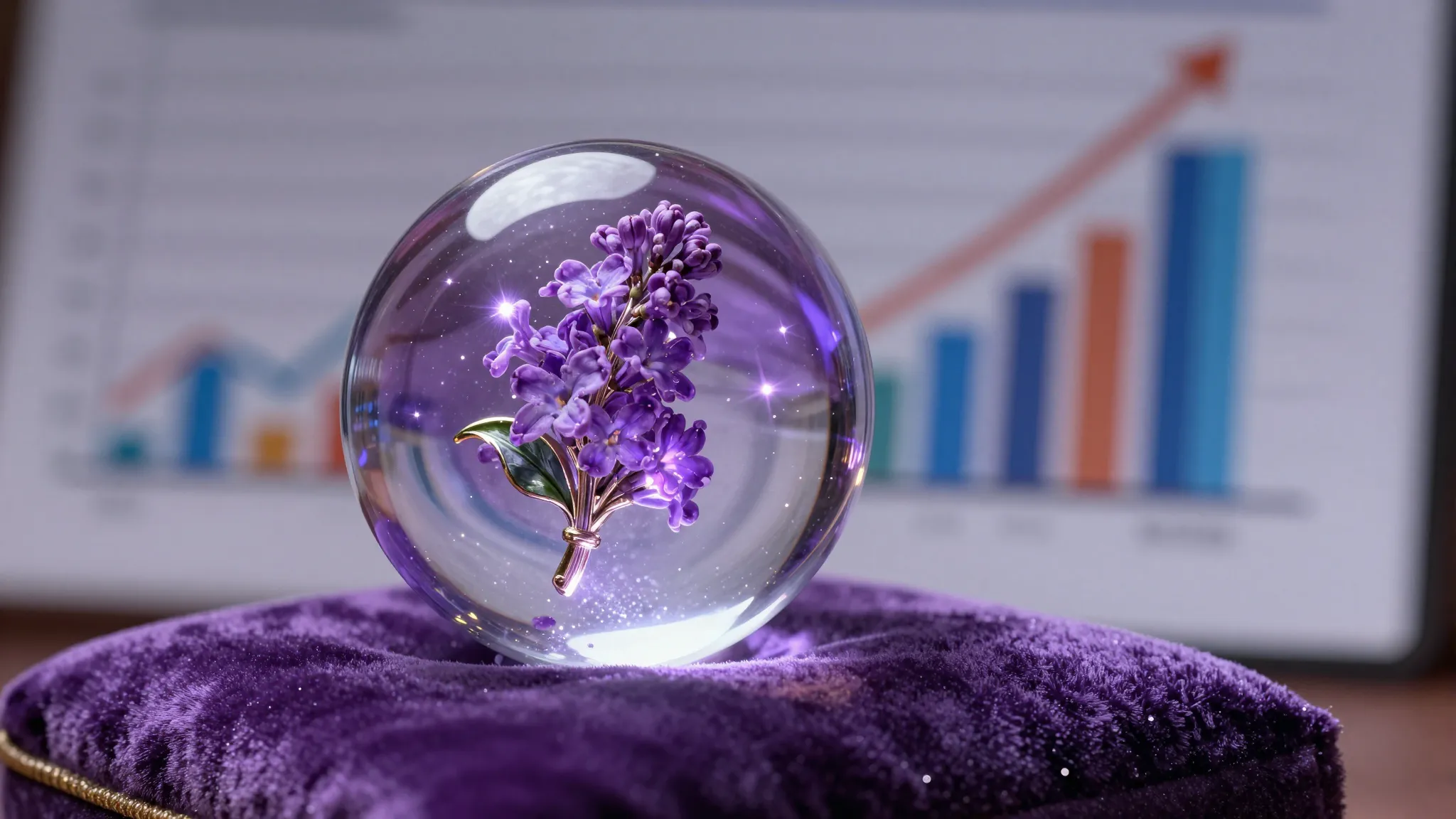 A magical crystal ball on a velvet cushion showing a glowing...