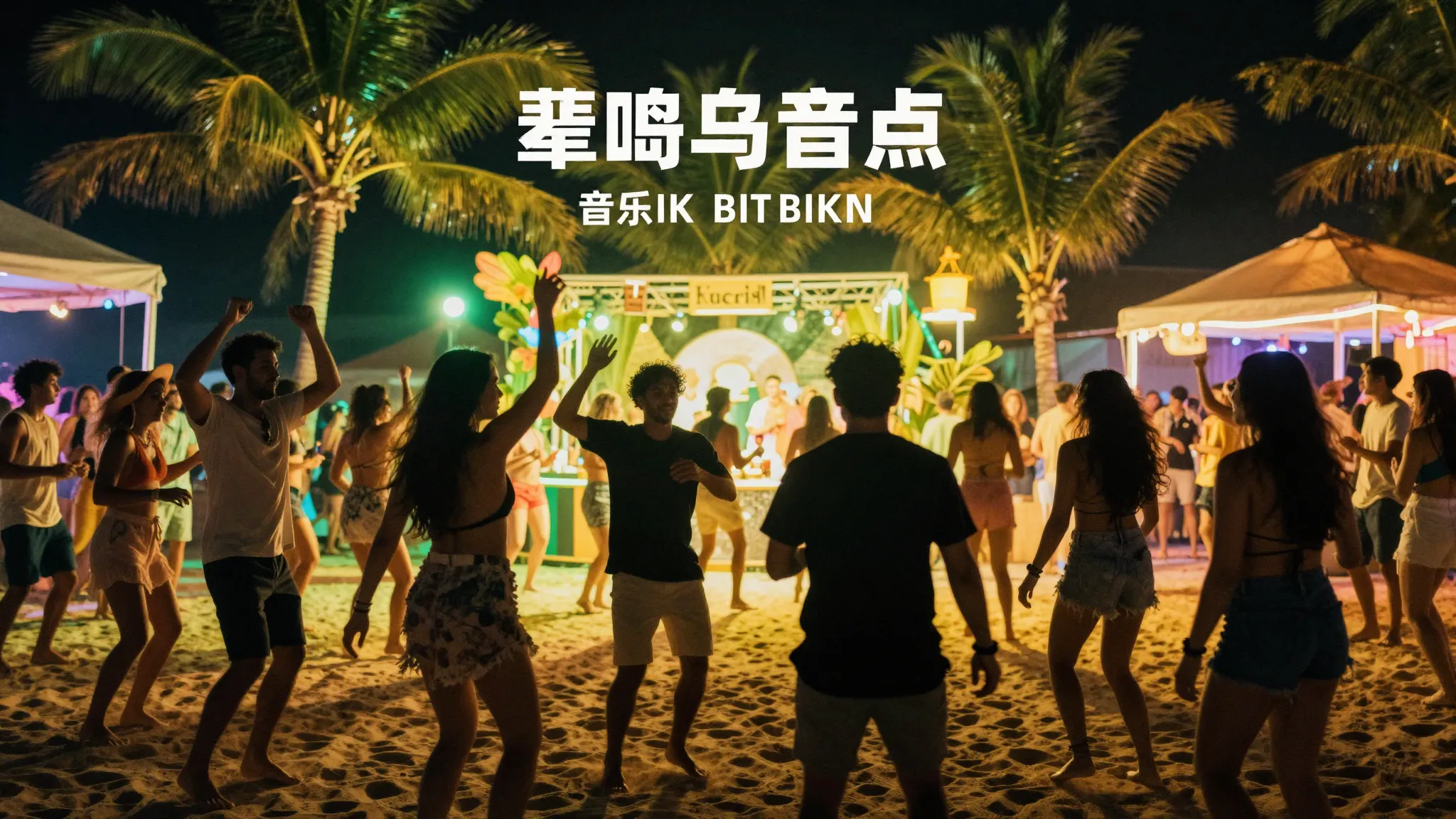 A professional music album cover, tropical beach party at ni...