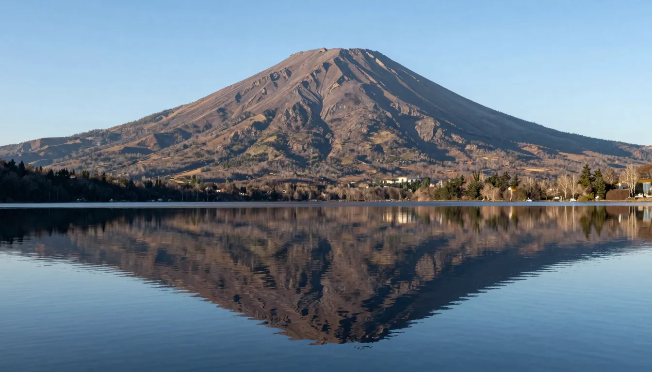 A calm lake reflecting a steady mountain peak under a clear ...
