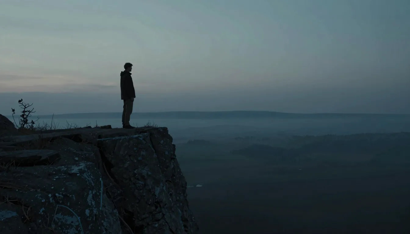 A dramatic, cinematic shot of a person standing on a high cl...