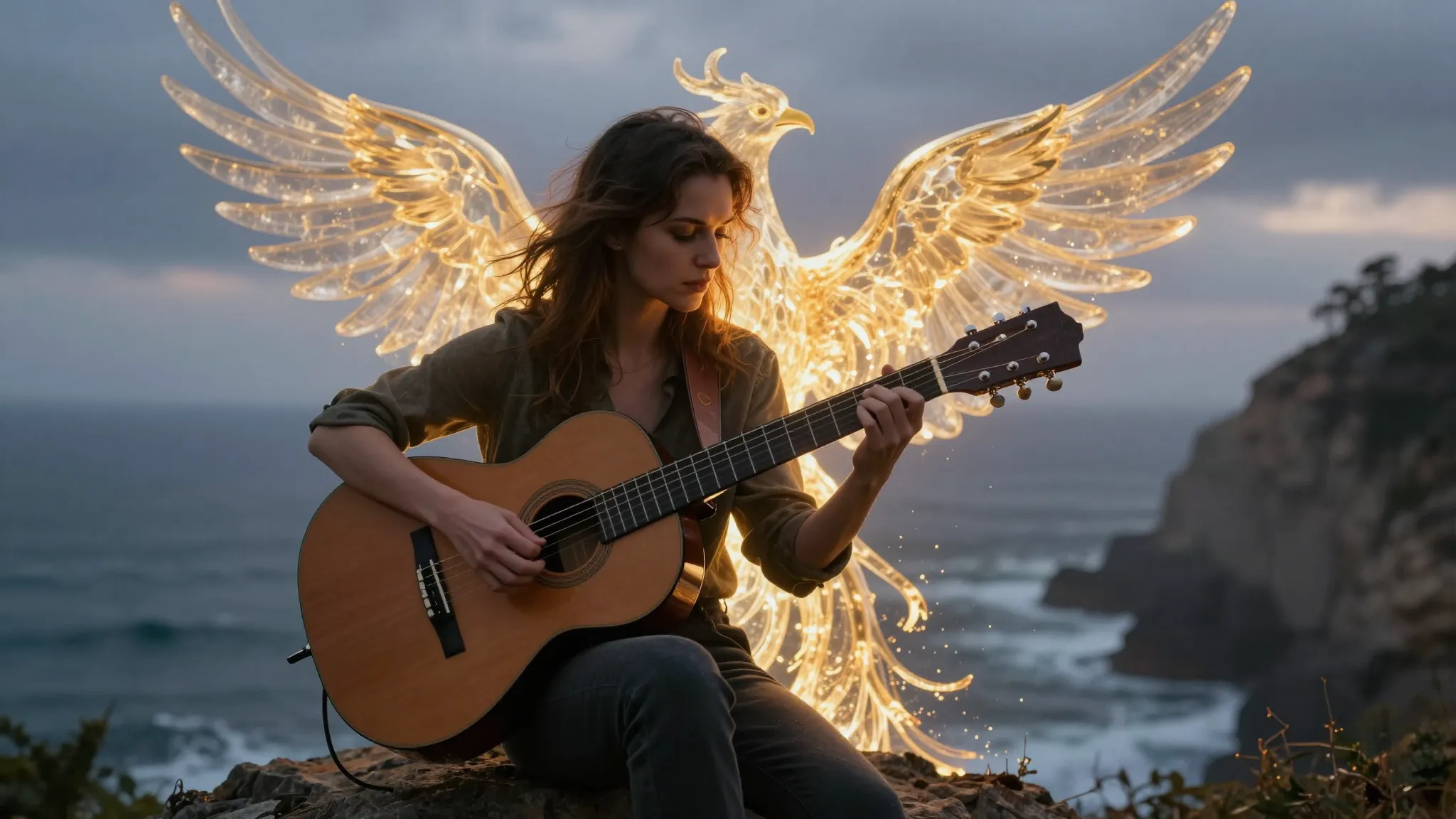 A photorealistic woman playing a wooden acoustic guitar on a...