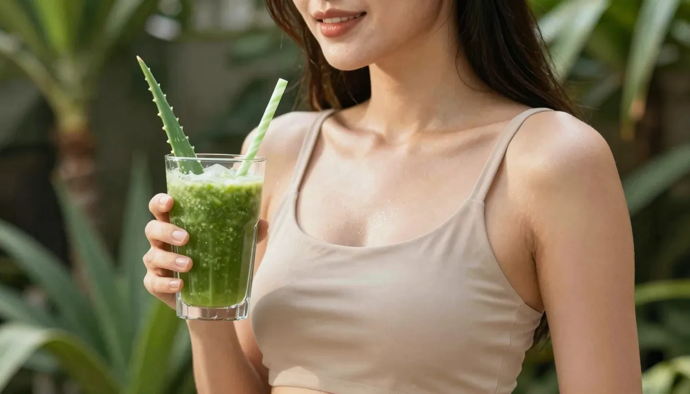 A beautiful woman holding a glass of green aloe smoothie, gl...