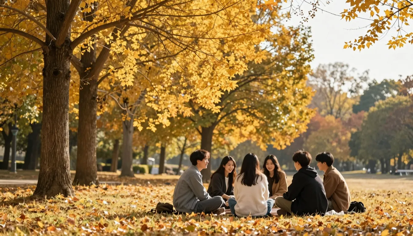 A peaceful autumn landscape with golden trees and a group of...