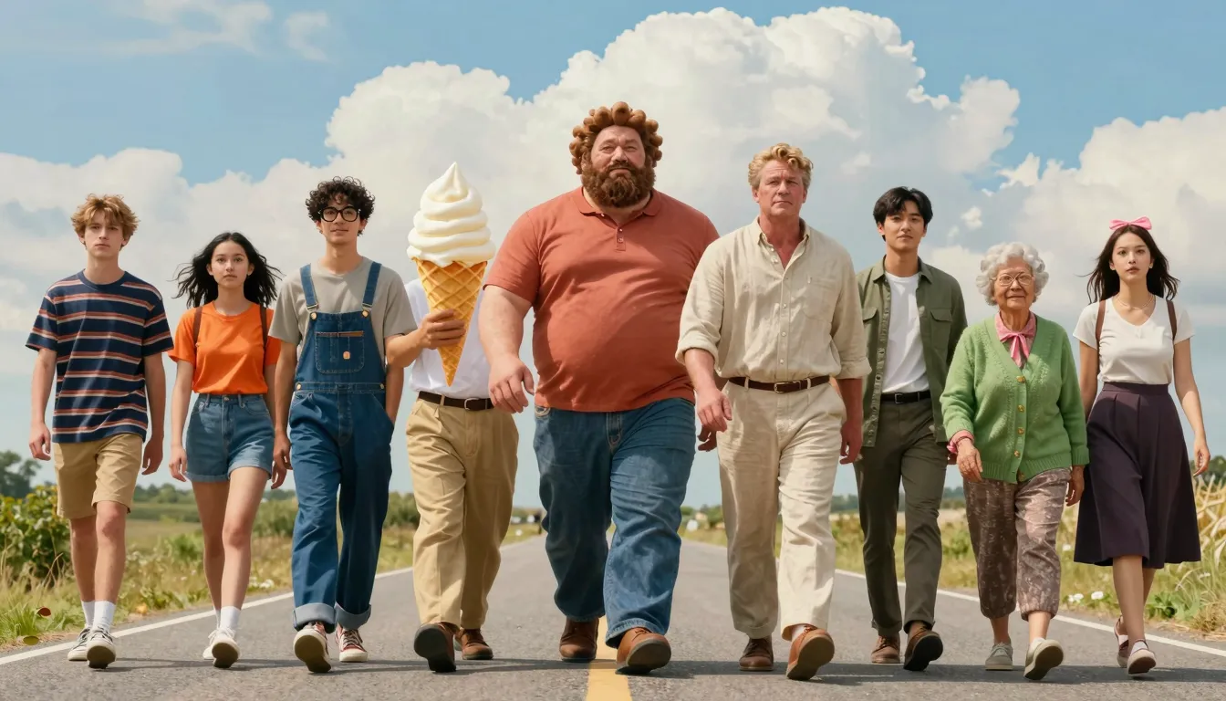 Cinematic wide shot of eight people: a teen in a striped shi...