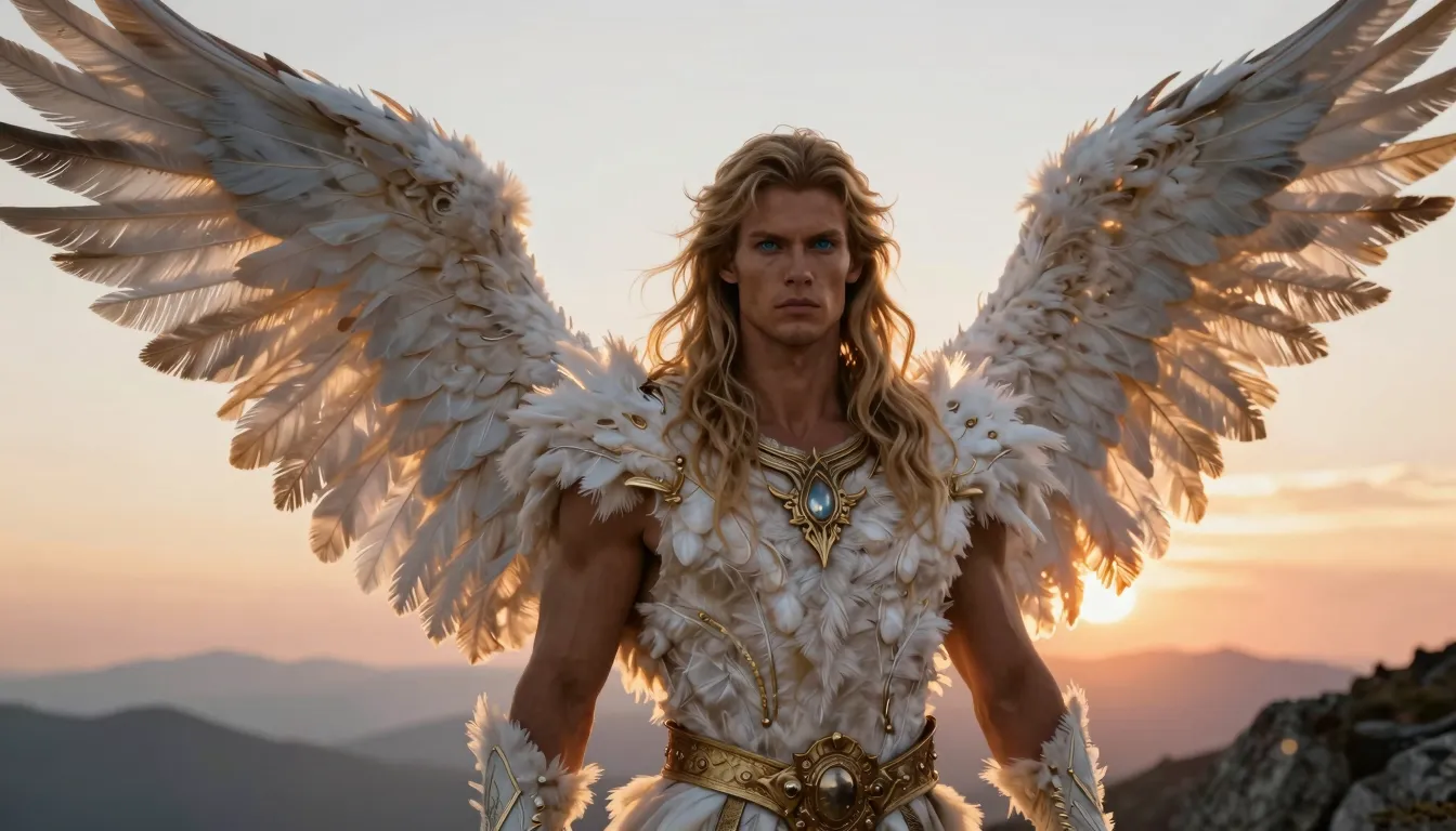 A powerful and beautiful Slavic man with majestic wings made...