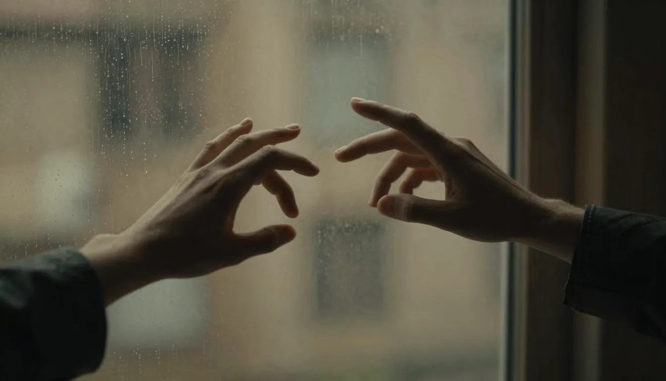 A cinematic, moody shot of two people's hands almost touchin...