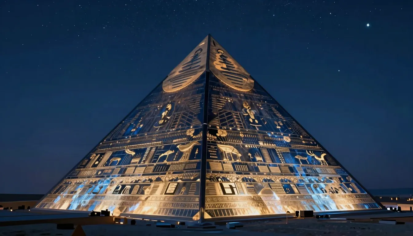 A transparent pyramid reflecting a starry night sky and anci...