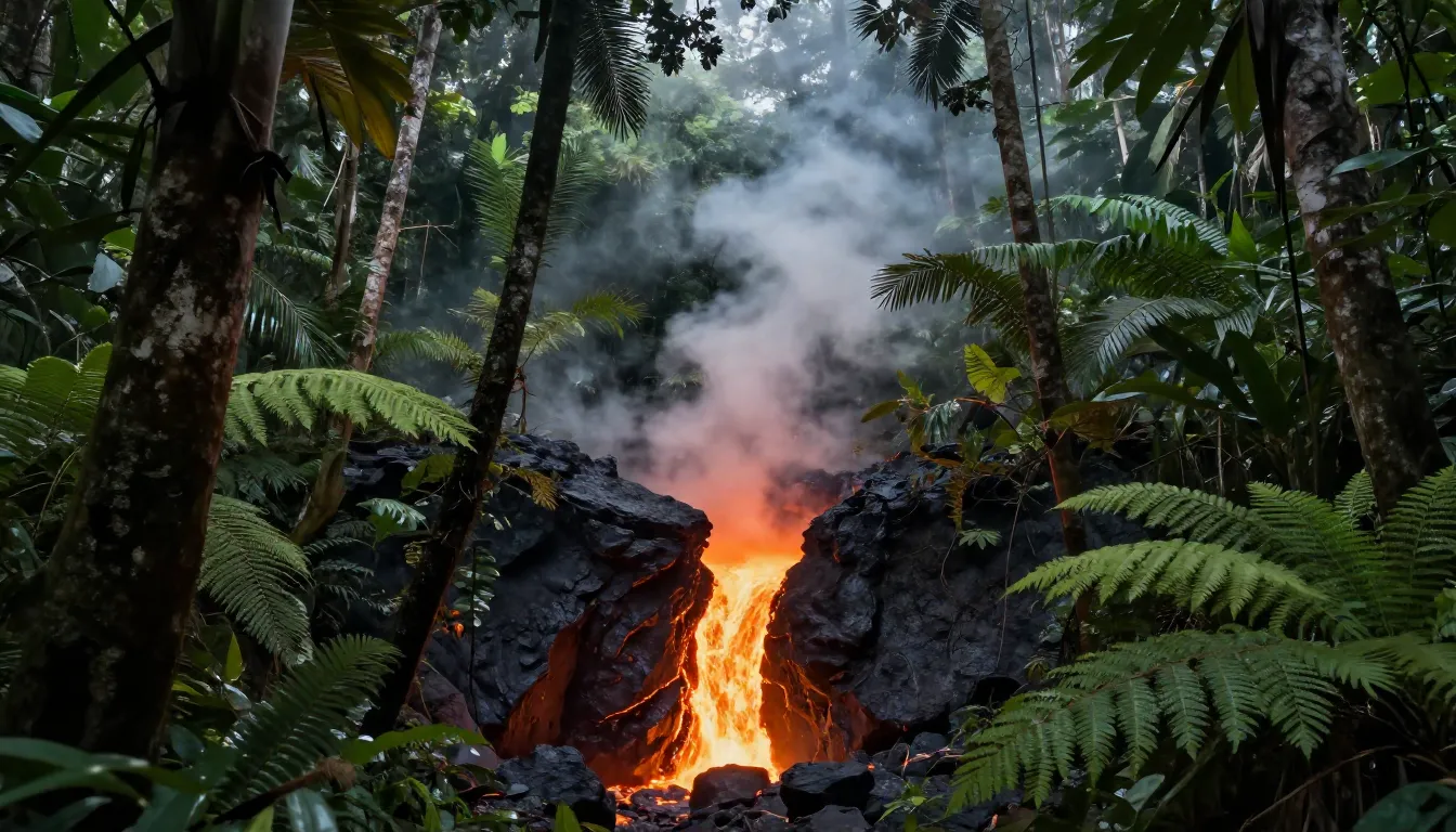 A deep glowing crack in the middle of a dense tropical jungl...