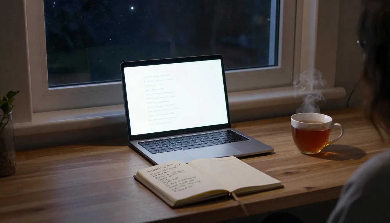 A cozy writing nook at night, a glowing laptop screen, a not...