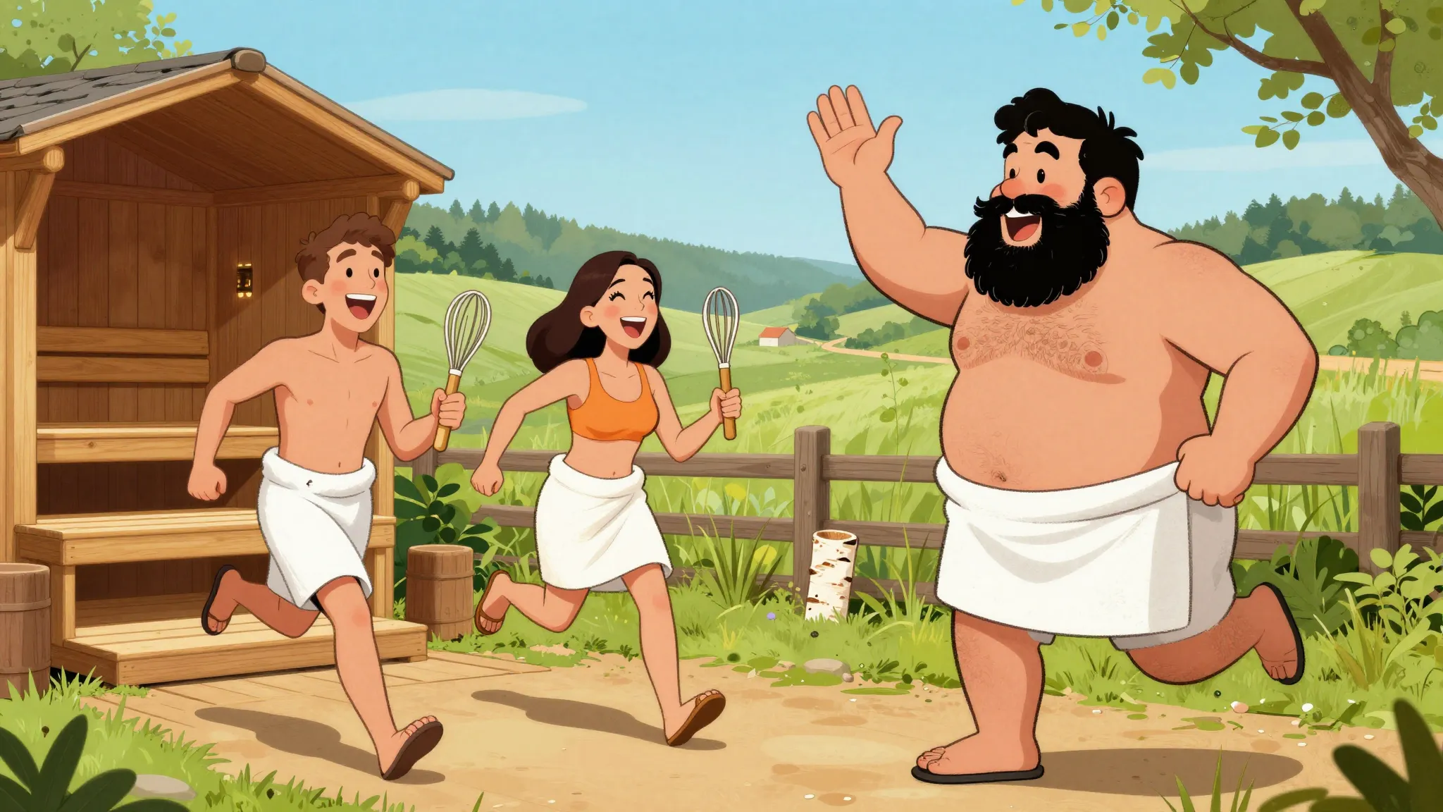 Two excited friends with towels and birch whisks running tow...